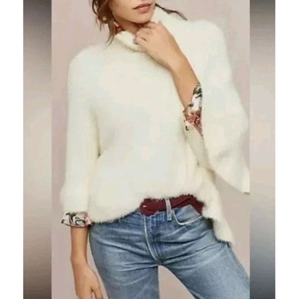 Akemi + Kin Falling Snow Fuzzy Ruffled Poncho Sweater One Size Anthropologie